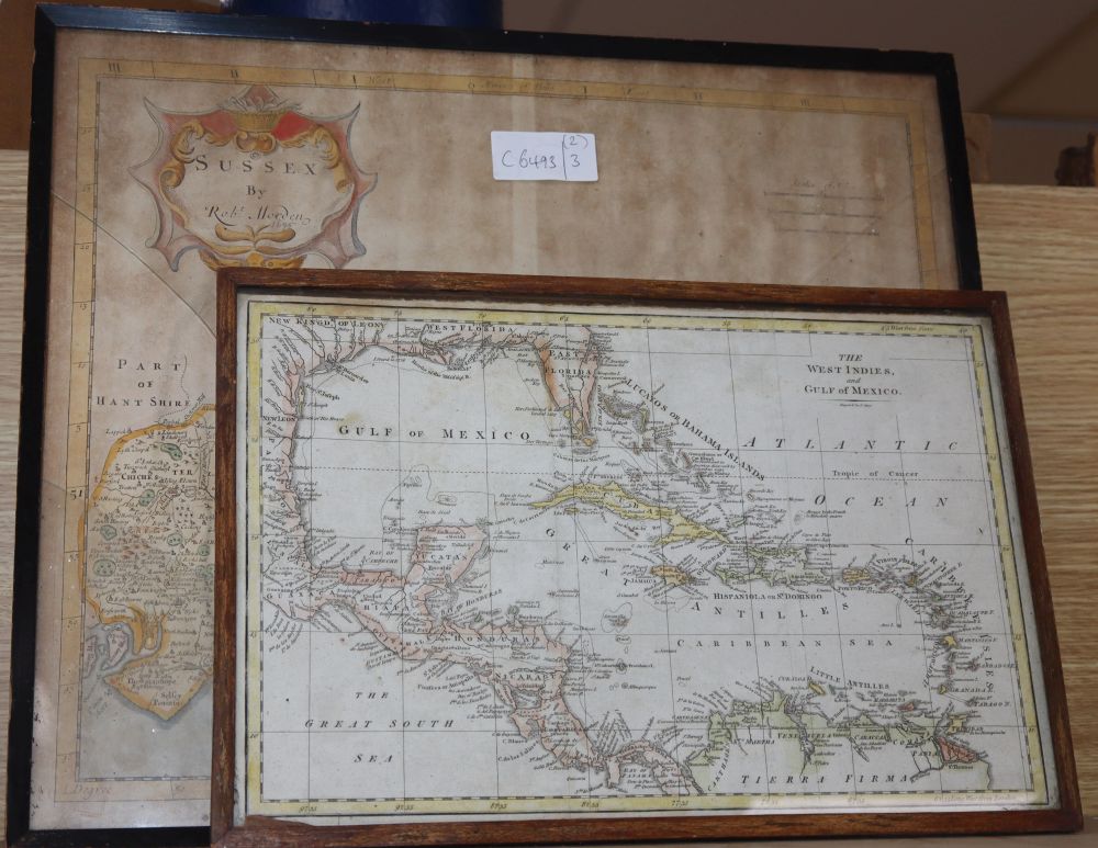 Robert Morden, coloured engraving, Map of Sussex, 36 x 43cm and an engraved map, The West Indies and Gulf of Mexico, 23 x 35cm